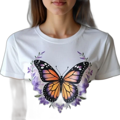 photorealistic, woman, wearing, white, t-shirt, colorful, butterfly, purple transparent PNG cut-out