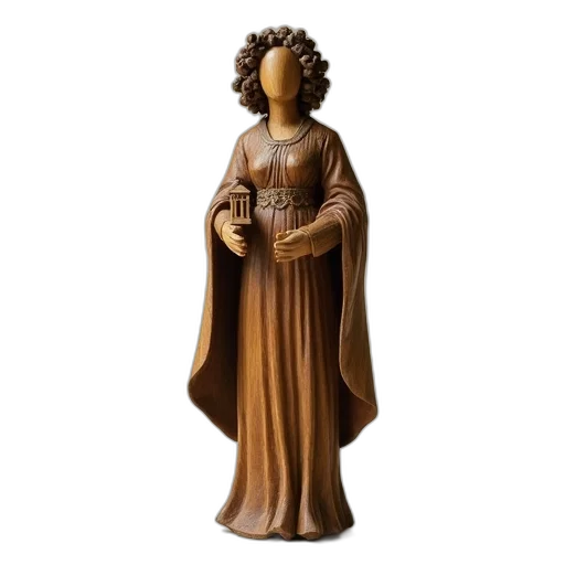 dress, 3d render, small, antique, wooden, statue, woman, curly transparent PNG cut-out