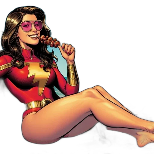 comic book art, concept art, cartoon, beach, costumed, woman, eats, grilled transparent PNG cut-out
