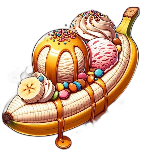 food, staff, pixel art, concept art, illustrated, banana, split, features transparent PNG cut-out