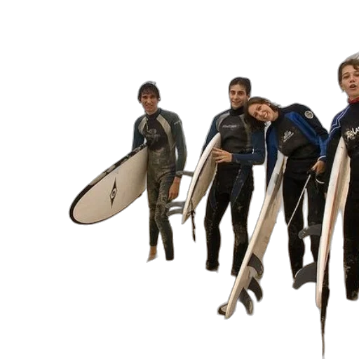 underwater, group, surfers, wetsuits, stand, beach, holding, their transparent PNG cut-out
