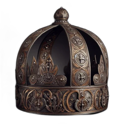 crown, hat, jewelry, mask, 3d render, detailed, metallic, stands transparent PNG cut-out