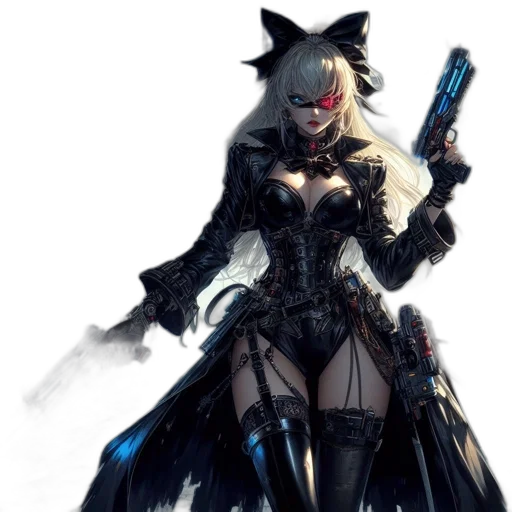 weapon, concept art, comic book art, fantasy art, cyberpunk, woman, long, silver transparent PNG cut-out