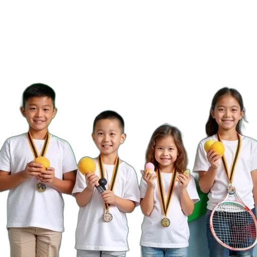 group, children, wearing, white, shirts, medals, around, their transparent PNG cut-out