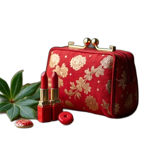 photorealistic, 3d render, red, fabric, handbag, golden, floral, patterns transparent PNG cut-out