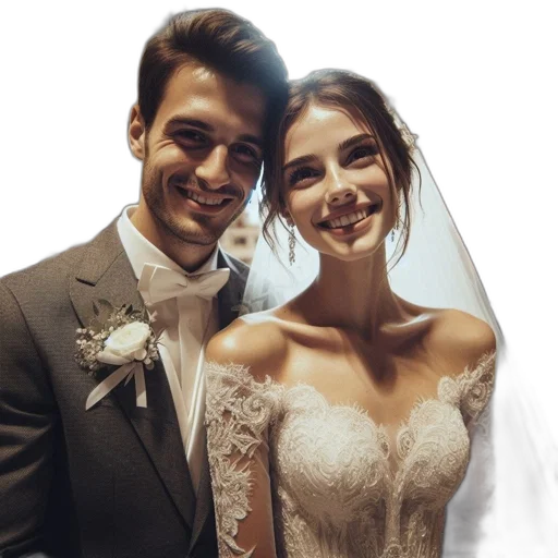 bride, white, dress, groom, gray, suit, surrounded, clapping transparent PNG cut-out