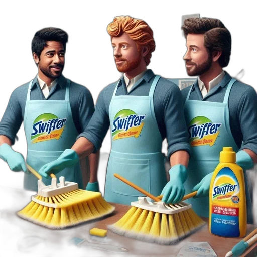 three, animated, men, blue, aprons, swiffer, logo, holding transparent PNG cut-out