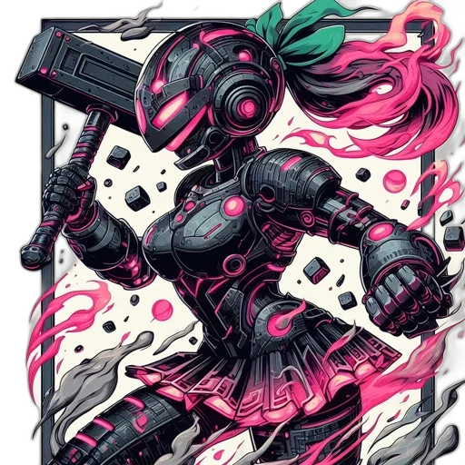 robot, weapon, cyberpunk, comic book art, concept art, pixel art, red, dark transparent PNG cut-out