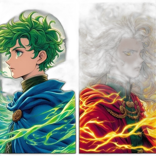comic book art, fantasy art, concept art, anime, fire, green, colorful, two transparent PNG cut-out