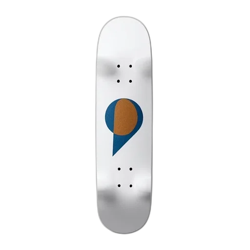 white, skateboard, blue, brown, logo, underside, shown, top-down transparent PNG cut-out