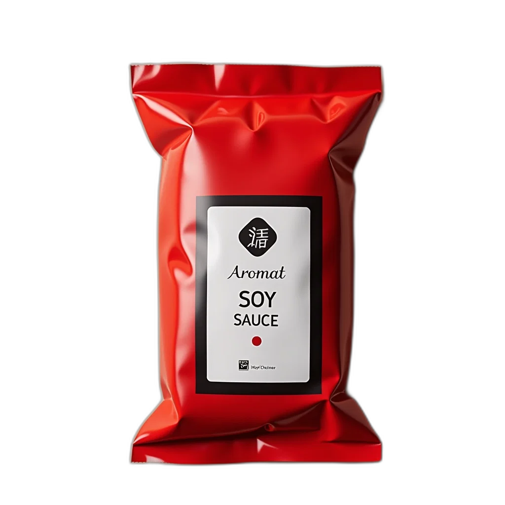 3d render, red, packet, soy, sauce, brand, name, aromat transparent PNG cut-out