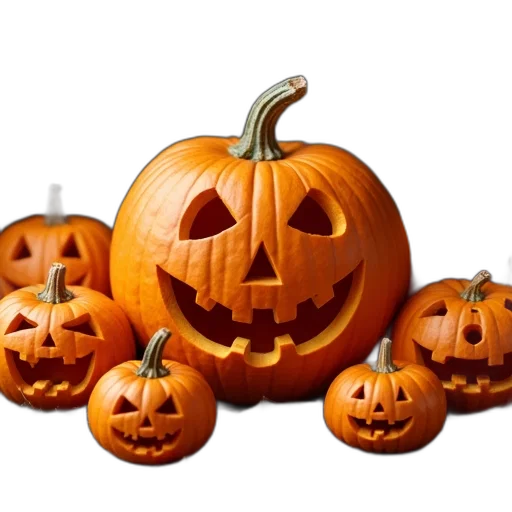 group, carved, pumpkins, various, expressions, arranged, surface, largest transparent PNG cut-out
