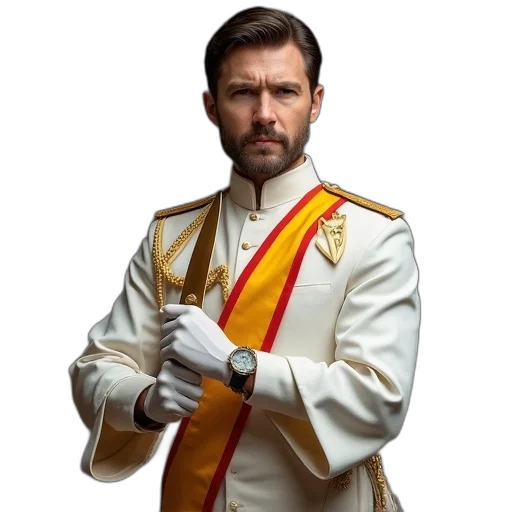 jacket, crown, staff, sword, man, wearing, white, uniform transparent PNG cut-out