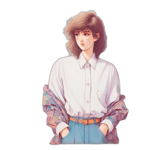 jacket, dress, hair, face, vaporwave, watercolor, pixel art, anime transparent PNG cut-out