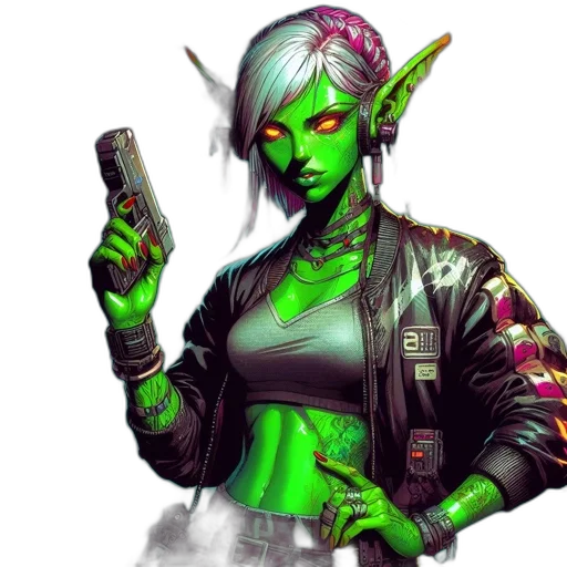 jacket, staff, cyberpunk, fantasy art, concept art, pixel art, green, neon transparent PNG cut-out