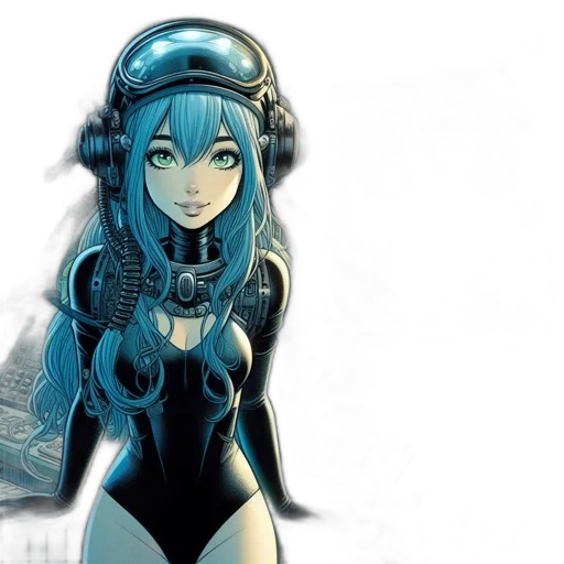 robot, comic book art, concept art, anime, cyberpunk, outer space, blue, aquatic transparent PNG cut-out