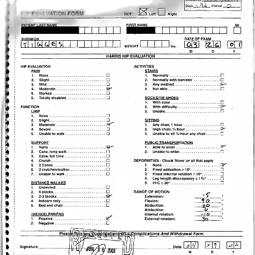 hip, evaluation, form, various, sections, filled, out, including transparent PNG cut-out