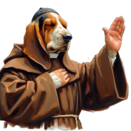 staff, photorealistic, oil painting, dog, dressed, monk, prayer, pose transparent PNG cut-out