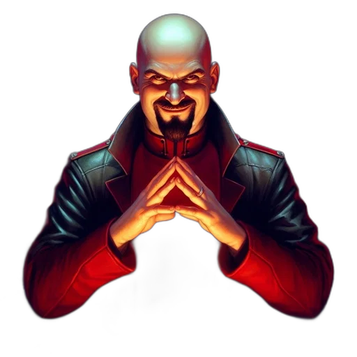 jacket, face, staff, concept art, pixel art, comic book art, cyberpunk, bald transparent PNG cut-out