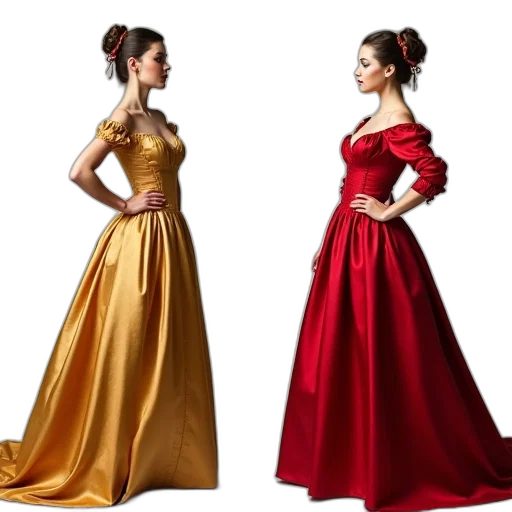 dress, photorealistic, golden, red, colorful, earth tones, diptych, two transparent PNG cut-out