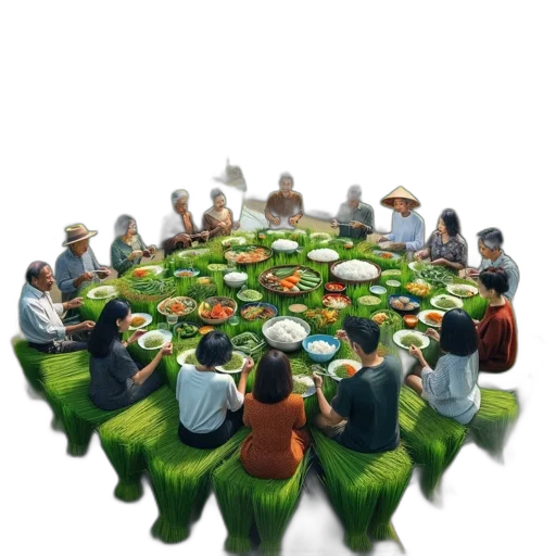 food, open-air, gathering, takes, place, lush, rice, field transparent PNG cut-out