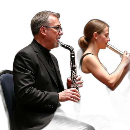 staff, group, musicians, performing, stage, man, playing, clarinet transparent PNG cut-out
