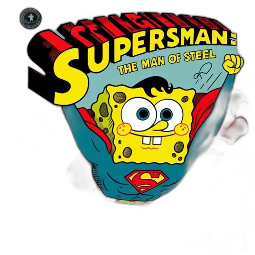 illustration, spongebob, wears, superman, suit, superspongeman, soaring, above transparent PNG cut-out