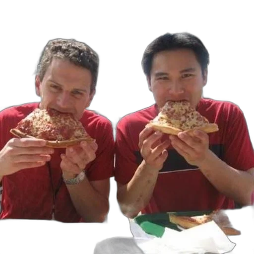 food, two, men, red, shirts, eating, pizza, snowy transparent PNG cut-out