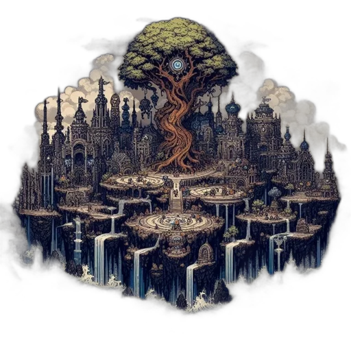 tree, fantasy art, pixel art, concept art, 3d render, fog, forest, earth tones transparent PNG cut-out