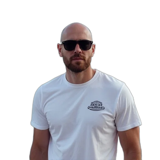 staff, jacket, man, bald, head, beard, wearing, sunglasses transparent PNG cut-out