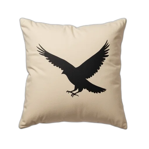 photorealistic, beige, pillow, black, bird, design, against, white transparent PNG cut-out
