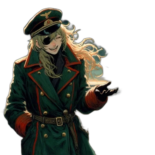 hat, staff, weapon, jacket, concept art, anime, fantasy art, comic book art transparent PNG cut-out