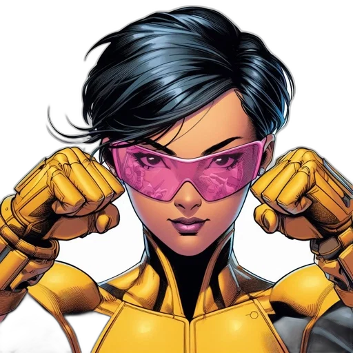 comic book art, concept art, golden, female, superhero, portrayed, short, dark transparent PNG cut-out