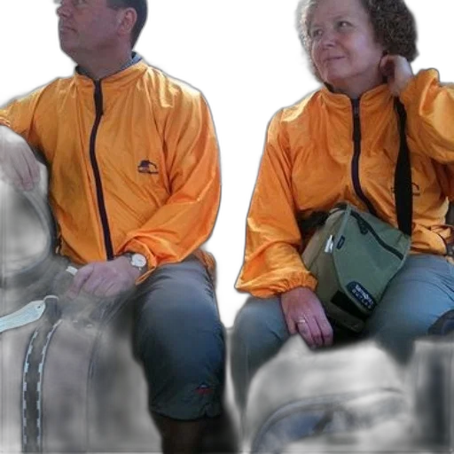jacket, two, people, wearing, orange, jackets, sit, bus transparent PNG cut-out