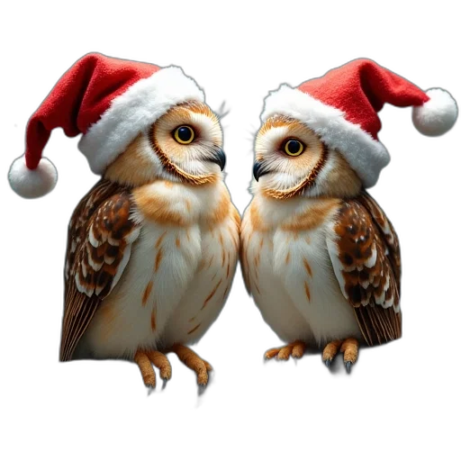 owls, santas, hat, sitting, branch, looking, each, other transparent PNG cut-out