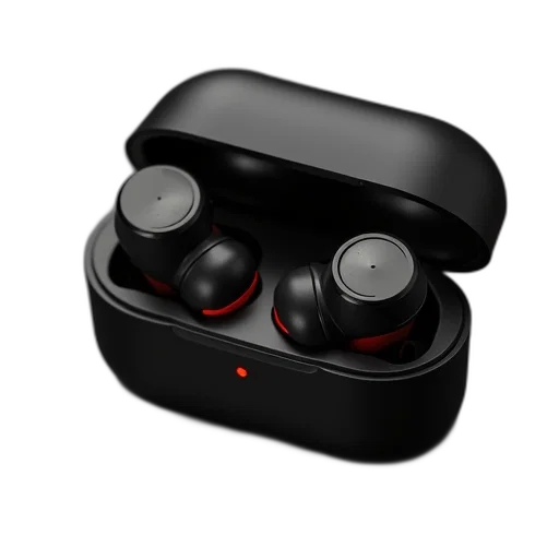 3d render, concept art, photorealistic, pair, black, earbuds, red, accents transparent PNG cut-out