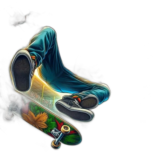shoes, concept art, fantasy art, comic book art, 3d render, dynamic, skateboarder, dreadlocks transparent PNG cut-out