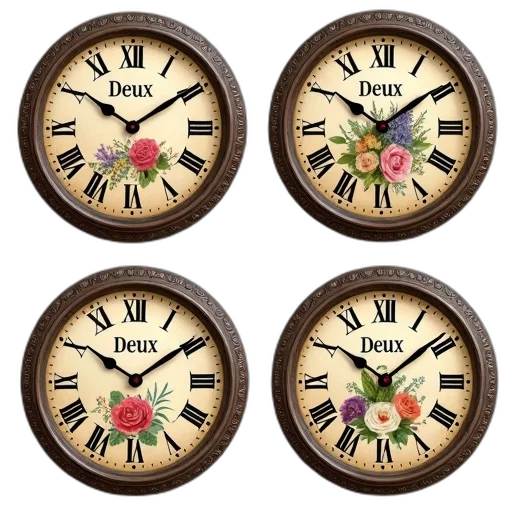 collection, four, vintage-style, clock, faces, floral, design, each transparent PNG cut-out