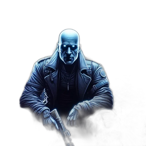 jacket, weapon, comic book art, concept art, cyberpunk, pixel art, blue, futuristic transparent PNG cut-out