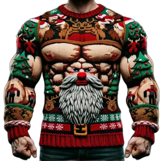 individual, wears, elaborate, uniquely, designed, christmas, sweater, featuring transparent PNG cut-out