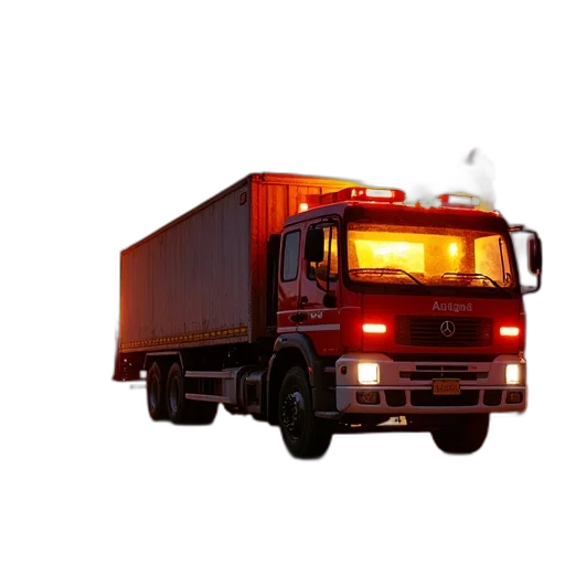 concept art, 3d render, photorealistic, fire, truck, parked, front, burning transparent PNG cut-out