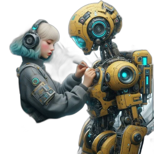 robot, jacket, weapon, face, cyberpunk, concept art, fantasy art, 3d render transparent PNG cut-out