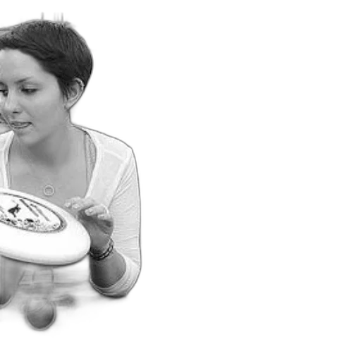 food, photorealistic, 3d render, woman, white, shirt, holds, frisbee transparent PNG cut-out