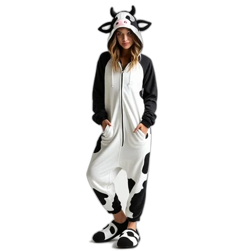animal, woman, wearing, white, black, cow, onesie, hood transparent PNG cut-out