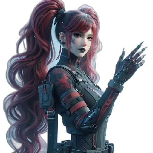 concept art, fantasy art, comic book art, cyberpunk, dark, red, woman, vivid transparent PNG cut-out