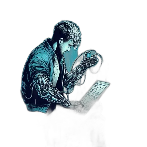 robot, jacket, cyberpunk, comic book art, concept art, pixel art, blue, monochrome transparent PNG cut-out