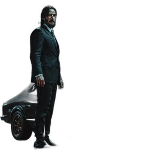 car, concept art, man, black, suit, stands, beside, wet transparent PNG cut-out