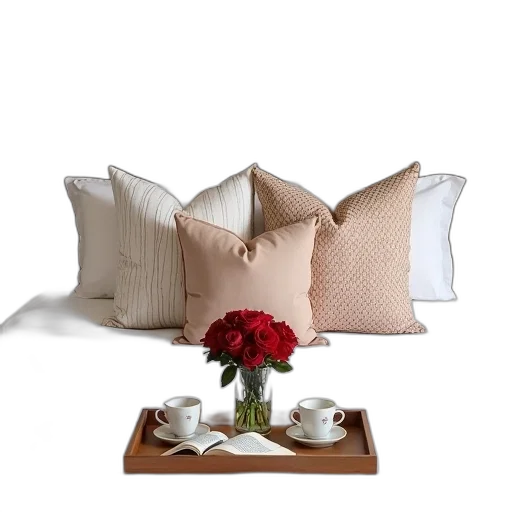 furniture, 3d render, photorealistic, earth tones, red, neatly, made, bed transparent PNG cut-out