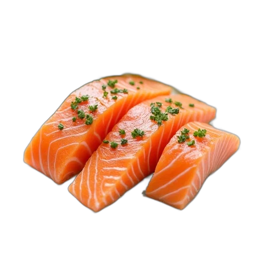 food, animal, hat, photorealistic, 3d render, salmon, filets, white transparent PNG cut-out