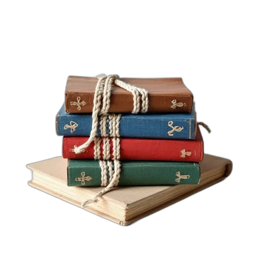 stack, five, books, different, colored, covers, placed, white transparent PNG cut-out